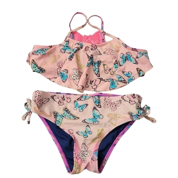 Limited Too Butterfly Print Ruffle Front Crochet Back Bikini - Picture 1 of 8